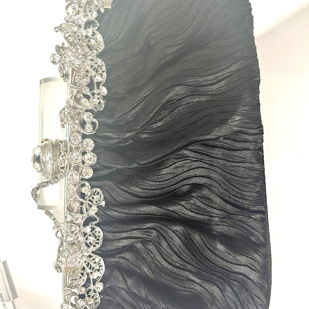 ✨ Vintage Black Satin Handmade Clutch – Crystal Trim, 1950s–60s, Elegant